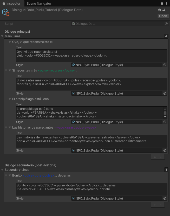 Sistema de diálogo — DialogueData en Unity