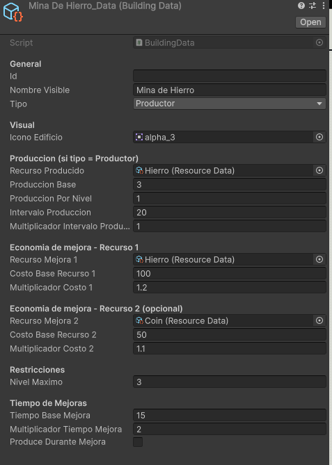 BuildingData — ScriptableObject de edificio en Unity